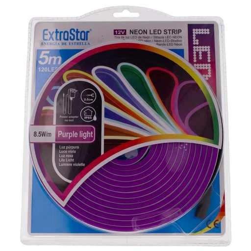 [SL12585PP] STRISCIA LED NEON 5M 8.5W/M 12V 120LED Modellabile e Tagliabile IP65 Impermeabile PURPLE Angolazione Luce 120