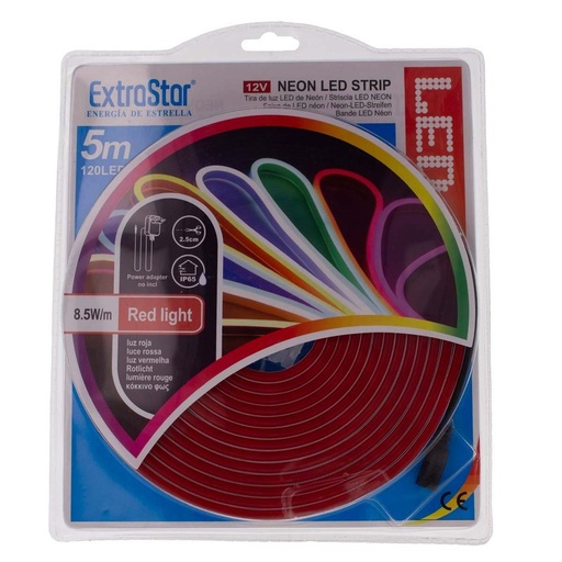 [SL12585R] STRISCIA LED NEON 5M 8.5W/M 12V 120LED Modellabile e Tagliabile IP65 Impermeabile RED Angolazione Luce 120