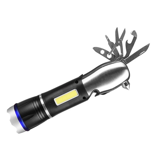[AS890120] Torcia Led Ricaricabile Multifunzione Tagliacintura Rompivetro Coltello Multiuso