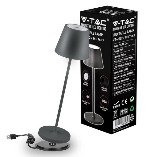 [JF7651] Lampada LED da Tavolo 2W Colore Bianco in Alluminio con caricatore Wireless e Touch Dimmerabile 3000K IP54 SKU-7651