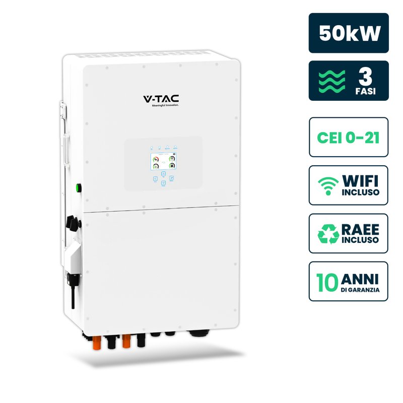 [FV11861] Inverter Fotovoltaico Deye Trifase Ibrido ALTA TENSIONE On-Grid/Off-Grid 50kW CEI 0-21, Schermo LCD Touch a Colori, Smart Meter Integrato, WiFi e TA, Garanzia 10 Anni IP65 SKU-11861