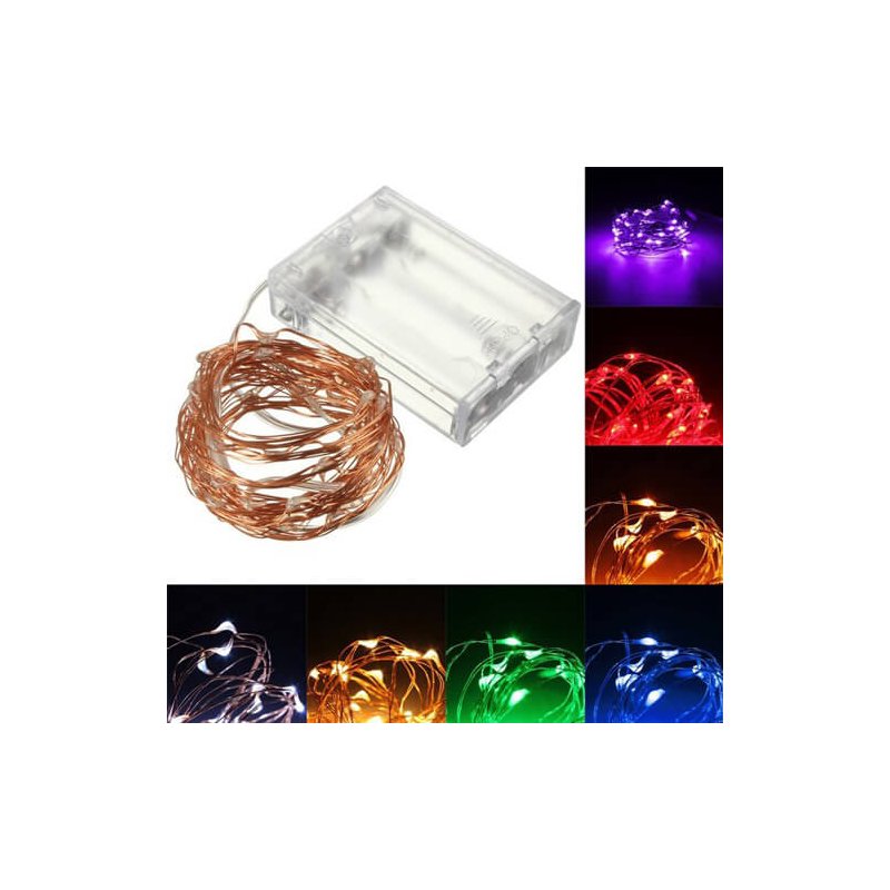 [AA2200] Stringa LED RGB fissa filo rame 10 metri, 100 LED, IP67, alimentata a pile