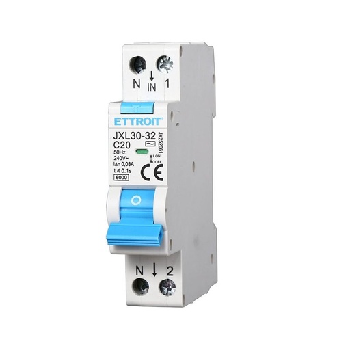 [JX252061] Interruttore Magnetotermico Differenziale 1P+N 20A 6KA 30mA 220V Occupa 1 Modulo DIN