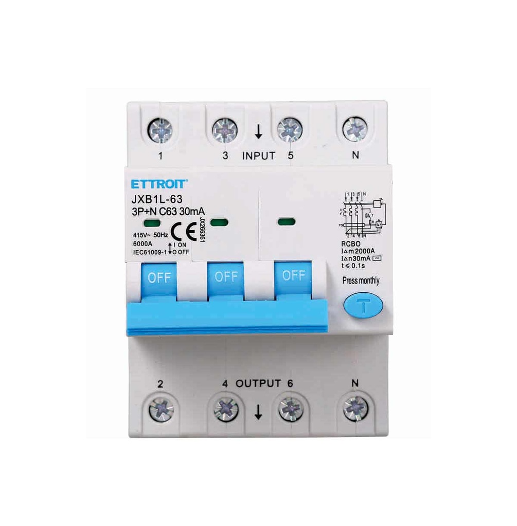 Interruttore automatico corrente residua, 4P, 4 moduli, B, B32A, 30 mA, 10kA, A, Interruttore di