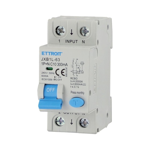 [JX251068] ETTROIT RCBO Interruttore Magnetotermico Differenziale Tipo A Curva C 1P+N 2M 6000A 300mA  C10A  AC 230V IP20 IEC61009-1