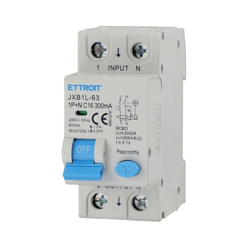 [JX251668] ETTROIT RCBO Interruttore Magnetotermico Differenziale Tipo A Curva C 1P+N 2M 6000A 300mA C16A AC 230V IP20 IEC61009-1