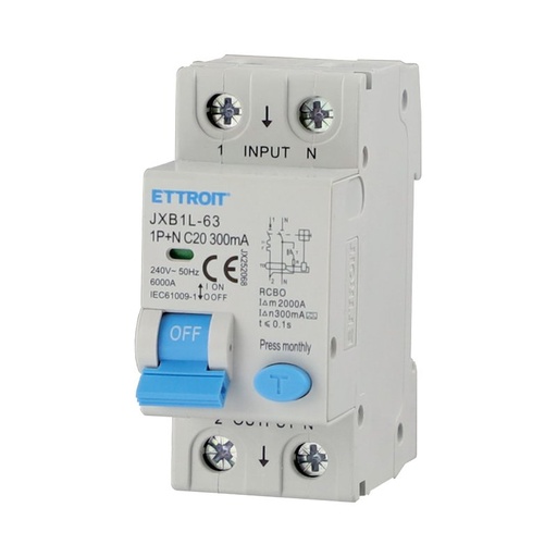 [JX252068] ETTROIT RCBO Interruttore Magnetotermico Differenziale Tipo A Curva C 1P+N 2M 6000A 300mA C20A AC 230V IP20 IEC61009-1