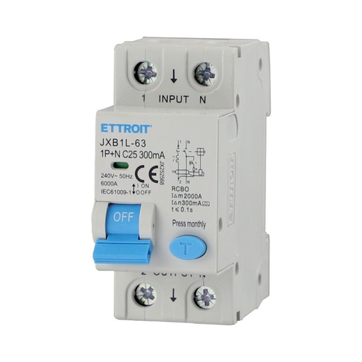 [JX252568] ETTROIT RCBO Interruttore Magnetotermico Differenziale Tipo A Curva C 1P+N 2M 6000A 300mA C25A AC 230V IP20 IEC61009-1