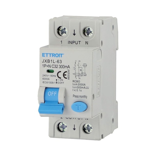 [JX253268] ETTROIT RCBO Interruttore Magnetotermico Differenziale Tipo A Curva C 1P+N 2M 6000A 300mA C32A AC 230V IP20 IEC61009-1