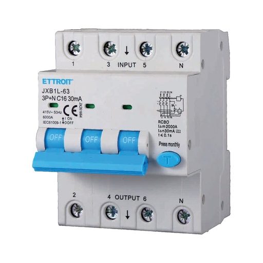 [JX261664] ETTROIT RCBO Interruttore Magnetotermico Differenziale Tipo A Curva C 3P+N 4M 6000A 30mA C16A AC 400V IP20 IEC61009-1