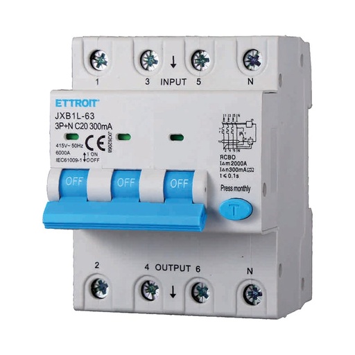 [JX262068] ETTROIT RCBO Interruttore Magnetotermico Differenziale Tipo A Curva C 3P+N 4M 6000A 300mA C20A AC 400V IP20 IEC61009-1