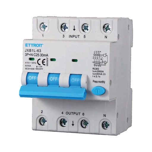 [JX262564] ETTROIT RCBO Interruttore Magnetotermico Differenziale Tipo A Curva C 3P+N 4M 6000A 30mA C25A AC 400V IP20 IEC61009-1