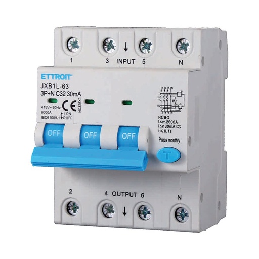 [JX263264] ETTROIT RCBO Interruttore Magnetotermico Differenziale Tipo A Curva C 3P+N 4M 6000A 30mA C32A AC 400V IP20 IEC61009-1