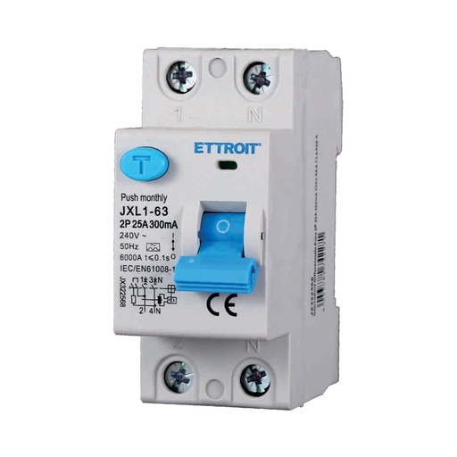 [JX322568] ETTROIT RCCB Interruttore Differenziale Puro Tipo A 1P+N 2M 6000A 300mA 25A AC 230V IP20 IEC61008-1