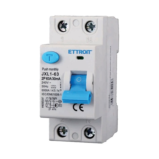 [JX326364] ETTROIT RCCB Interruttore Differenziale Puro Tipo A 1P+N 2M 6000A 30mA 63A AC 230V IP20 IEC61008-1