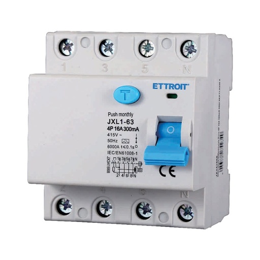 [JX341668] ETTROIT RCCB Interruttore Differenziale Puro Tipo A 3P+N 4M 6000A 300mA 16A AC 400V IP20 IEC61008-1