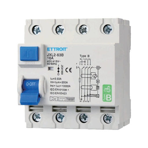 [JX341669] ETTROIT RCCB Interruttore Differenziale Puro Tipo B 3P+N 4M 10000A 30mA 16A AC 400V IP20 IEC61008-1 / IEC62423