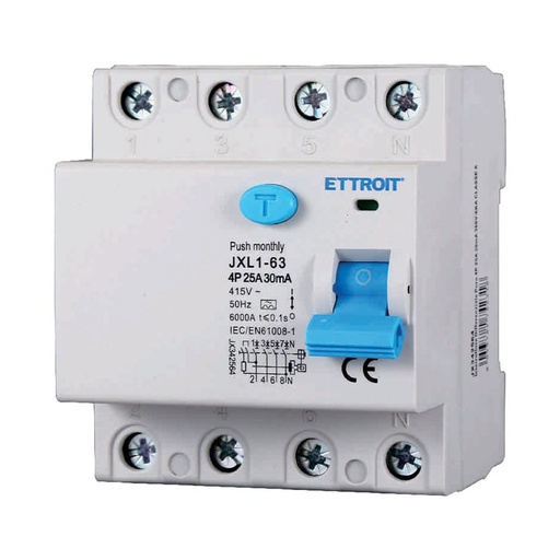 [JX342564] ETTROIT RCCB Interruttore Differenziale Puro Tipo A 3P+N 4M 6000A 30mA 25A AC 400V IP20 IEC61008-1