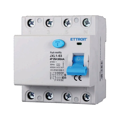 [JX342568] ETTROIT RCCB Interruttore Differenziale Puro Tipo A 3P+N 4M 6000A 300mA 25A AC 400V IP20 IEC61008-1
