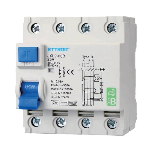 [JX342569] ETTROIT RCCB Interruttore Differenziale Puro Tipo B 3P+N 4M 10000A 30mA 25A AC 400V IP20 IEC61008-1 / IEC62423