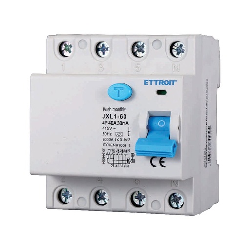 [JX344064] ETTROIT RCCB Interruttore Differenziale Puro Tipo A 3P+N 4M 6000A 30mA 40A AC 400V IP20 IEC61008-1