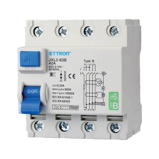 [JX344069] ETTROIT RCCB Interruttore Differenziale Puro Tipo B 3P+N 4M 10000A 30mA 40A AC 400V IP20 IEC61008-1 / IEC62423