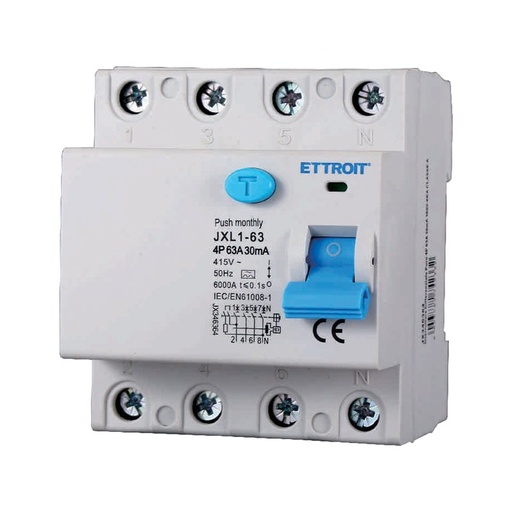 [JX346364] ETTROIT RCCB Interruttore Differenziale Puro Tipo A 3P+N 4M 6000A 30mA 63A AC 400V IP20 IEC61008-1