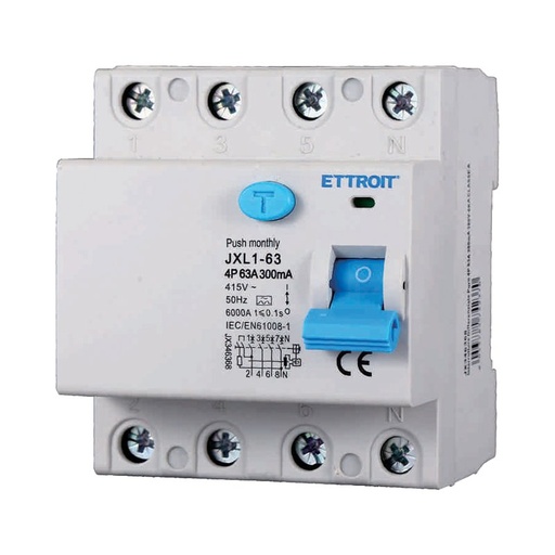[JX346368] ETTROIT RCCB Interruttore Differenziale Puro Tipo A 3P+N 4M 6000A 300mA 63A AC 400V IP20 IEC61008-1