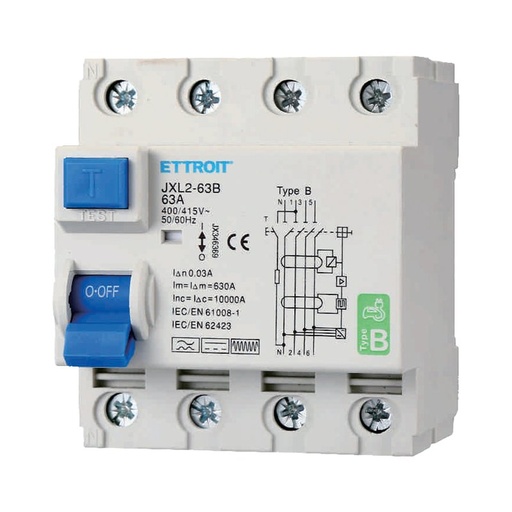 [JX346369] ETTROIT RCCB Interruttore Differenziale Puro Tipo B 3P+N 4M 10000A 30mA 63A AC 400V IP20 IEC61008-1 / IEC62423