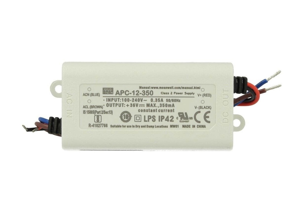 Led Driver CC MW MEAN WELL APC-12-350 Trasformatore 350mA 9V-36V DC 12W Corrente Costante IP42