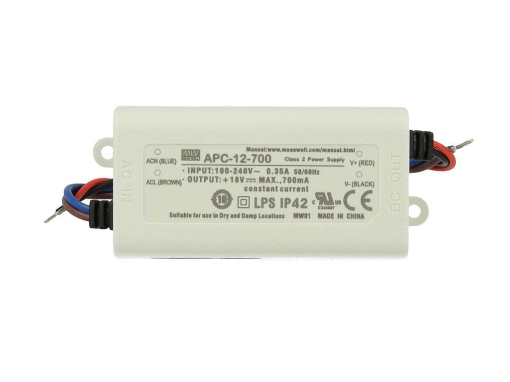 Led Driver CC MW MEAN WELL APC-12-700 Trasformatore 700mA 9V-18V DC 12W Corrente Costante IP42