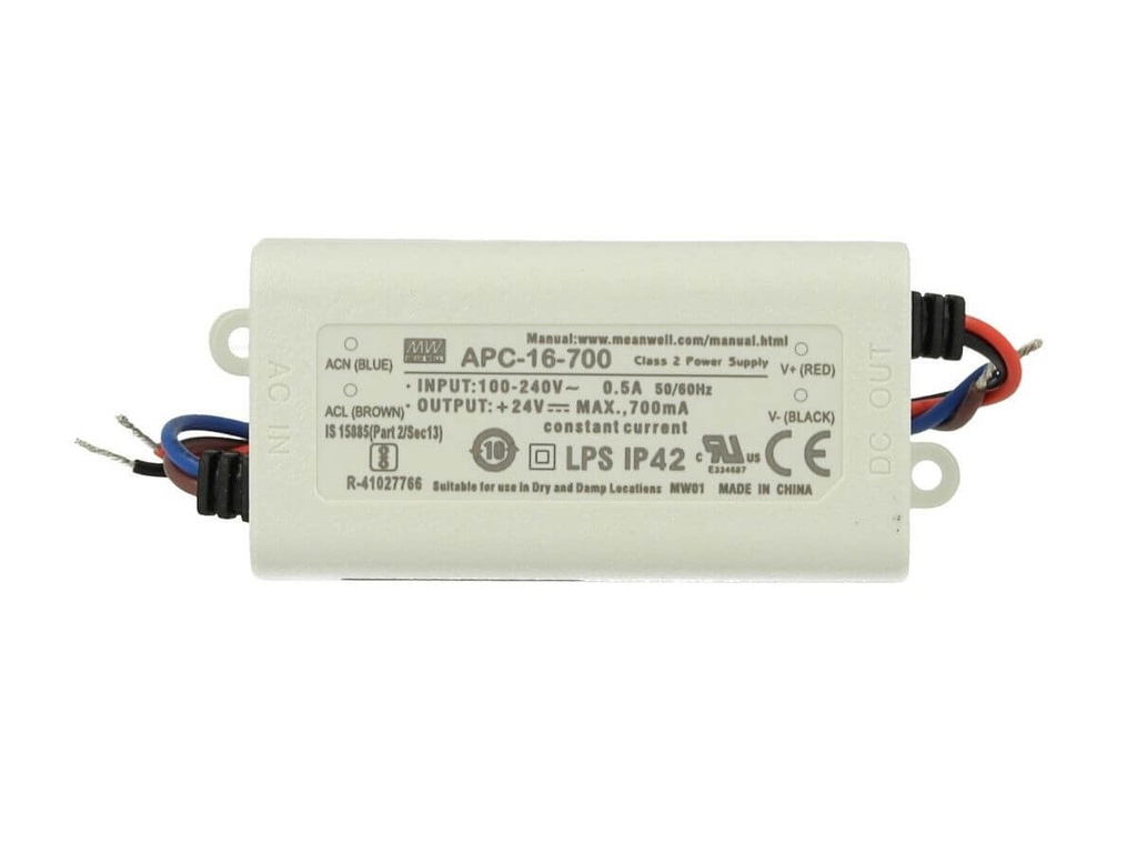 Led Driver CC MW MEAN WELL APC-16-700 Trasformatore 700mA 9V-24V DC 16W Corrente Costante IP42