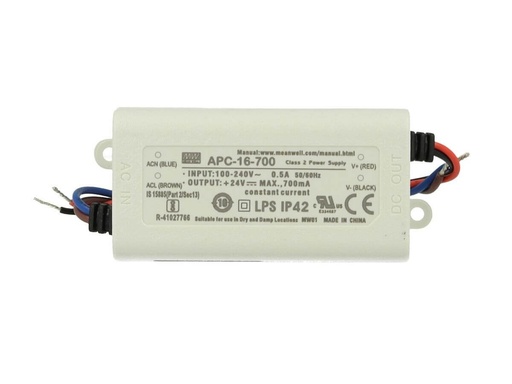 [MW-APC-16-700] Led Driver CC MeanWell APC-16-700 Trasformatore 700mA 9V-24V DC 16W Corrente Costante IP42