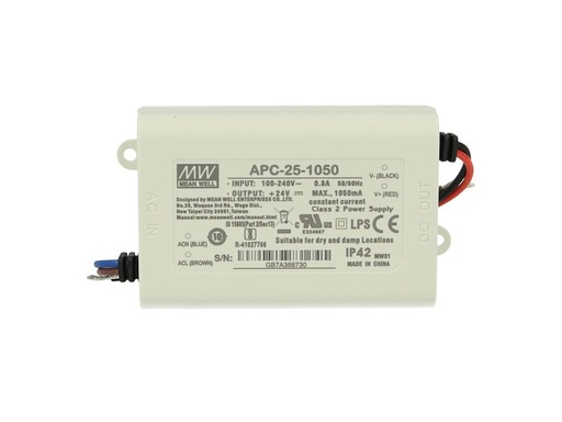 [MW-APC-25-1050] Led Driver CC MeanWell APC-25-1050 Trasformatore 1050mA 9V-24V DC 25W Corrente Costante IP42