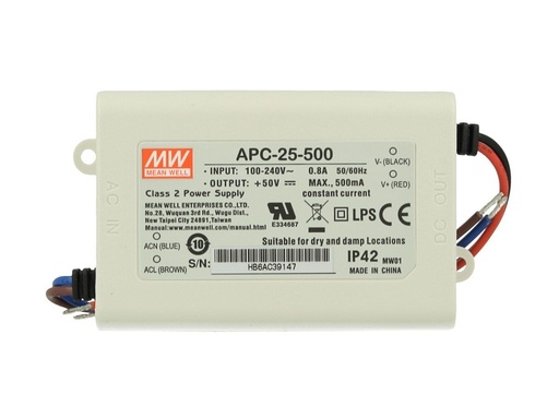 [MW-APC-25-500] Led Driver CC MeanWell APC-25-500 Trasformatore 500mA 15V-50V DC 25W Corrente Costante IP42