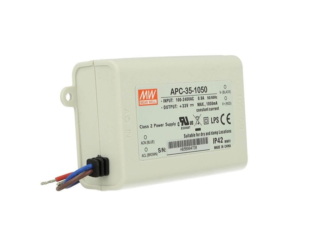 Led Driver CC MW MEAN WELL APC-35-1050 Trasformatore 1050mA 11V-33V DC 35W Corrente Costante IP42