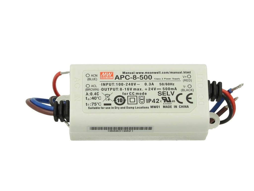 Led Driver CC MW MEAN WELL APC-8-500 Trasformatore 500mA 8V-16V DC 8W Corrente Costante IP42