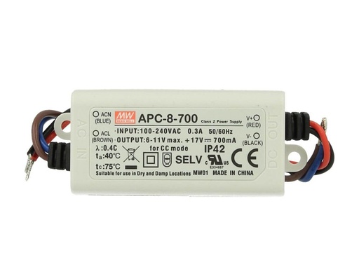 [MW-APC-8-700] Led Driver CC MeanWell APC-8-700 Trasformatore 700mA 6V-11V DC 8W Corrente Costante IP42