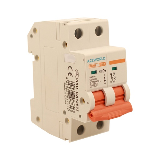 [GA42532] A2ZWORLD MCB Interruttore Magnetotermico Automatico Curva D 2P 2M 10000A D32A AC 400V IP20 IEC60898-1 PB8H