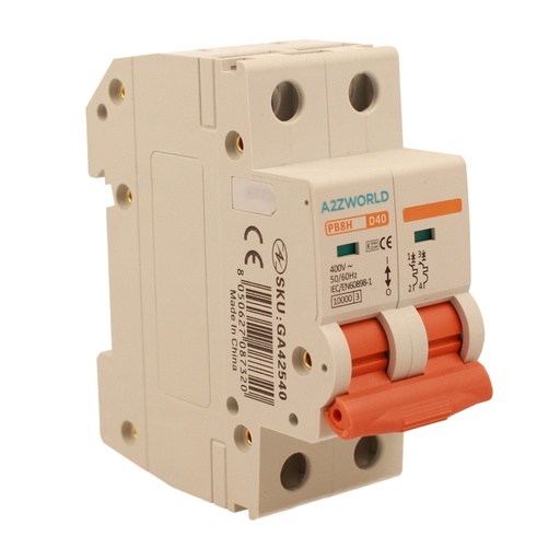 [GA42540] A2ZWORLD MCB Interruttore Magnetotermico Automatico Curva D 2P 2M 10000A D40A AC 400V IP20 IEC60898-1 PB8H