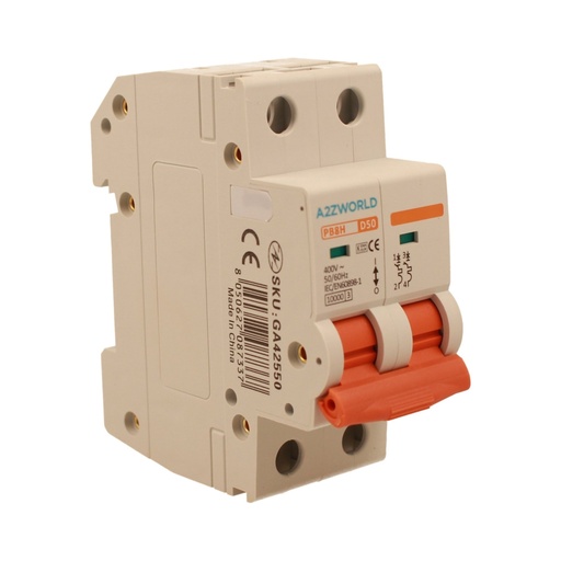 [GA42550] A2ZWORLD MCB Interruttore Magnetotermico Automatico Curva D 2P 2M 10000A D50A AC 400V IP20 IEC60898-1 PB8H