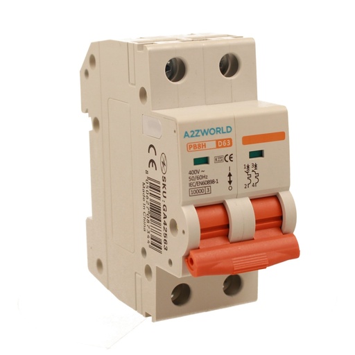 [GA42563] A2ZWORLD MCB Interruttore Magnetotermico Automatico Curva D 2P 2M 10000A D63A AC 400V IP20 IEC60898-1 PB8H
