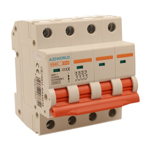 [GA44516] A2ZWORLD MCB Interruttore Magnetotermico Automatico Curva D 4P 4M 10000A D16A AC 400V IP20 IEC60898-1 PB8H