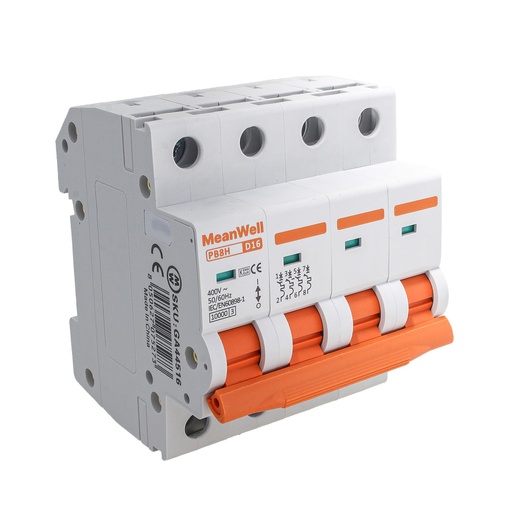 [GA44516] MeanWell MCB Interruttore Magnetotermico Automatico Curva D 4P 4M 10000A D16A AC 400V IP20 IEC60898-1 PB8H