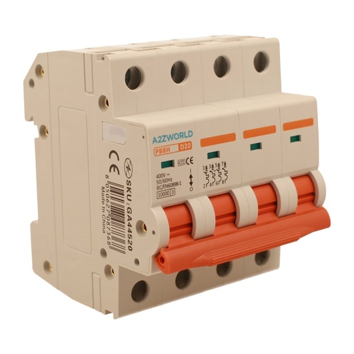 [GA44520] A2ZWORLD MCB Interruttore Magnetotermico Automatico Curva D 4P 4M 10000A D20A AC 400V IP20 IEC60898-1 PB8H