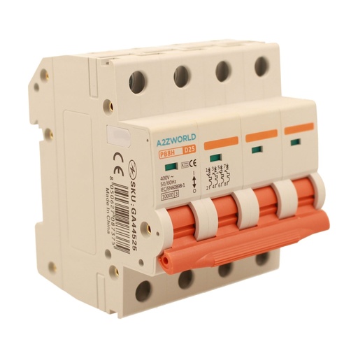 [GA44525] A2ZWORLD MCB Interruttore Magnetotermico Automatico Curva D 4P 4M 10000A D25A AC 400V IP20 IEC60898-1 PB8H