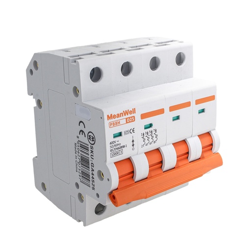 [GA44525] MeanWell MCB Interruttore Magnetotermico Automatico Curva D 4P 4M 10000A D25A AC 400V IP20 IEC60898-1 PB8H