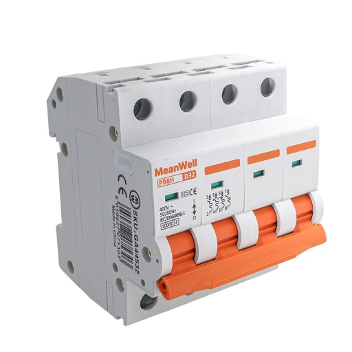 [GA44532] MeanWell MCB Interruttore Magnetotermico Automatico Curva D 4P 4M 10000A D32A AC 400V IP20 IEC60898-1 PB8H