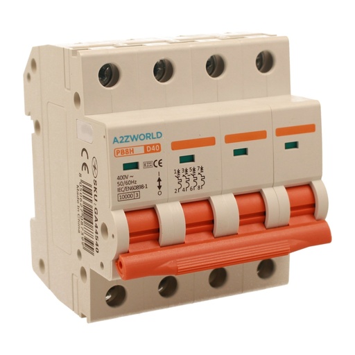 [GA44540] A2ZWORLD MCB Interruttore Magnetotermico Automatico Curva D 4P 4M 10000A D40A AC 400V IP20 IEC60898-1 PB8H
