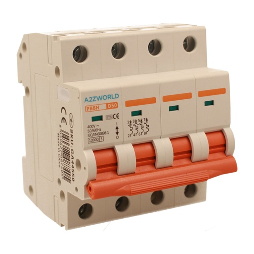 [GA44550] A2ZWORLD MCB Interruttore Magnetotermico Automatico Curva D 4P 4M 10000A D50A AC 400V IP20 IEC60898-1 PB8H